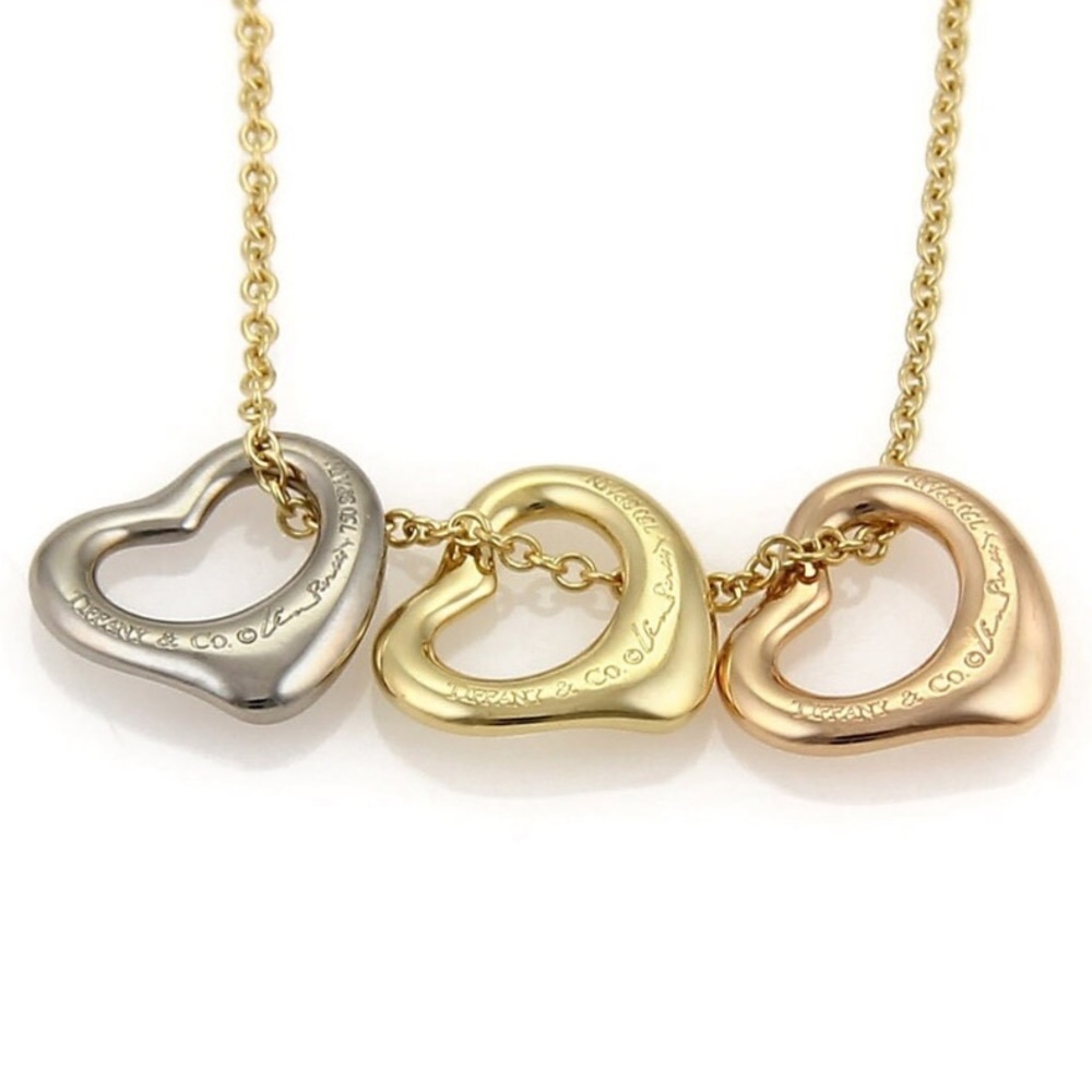 ❤️Tiffany & Co.❤️Elsa Peretti 18k Tri-Color Gold Triple Open Hearts Necklace
